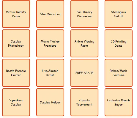 Bingo card filled with comic convention sights